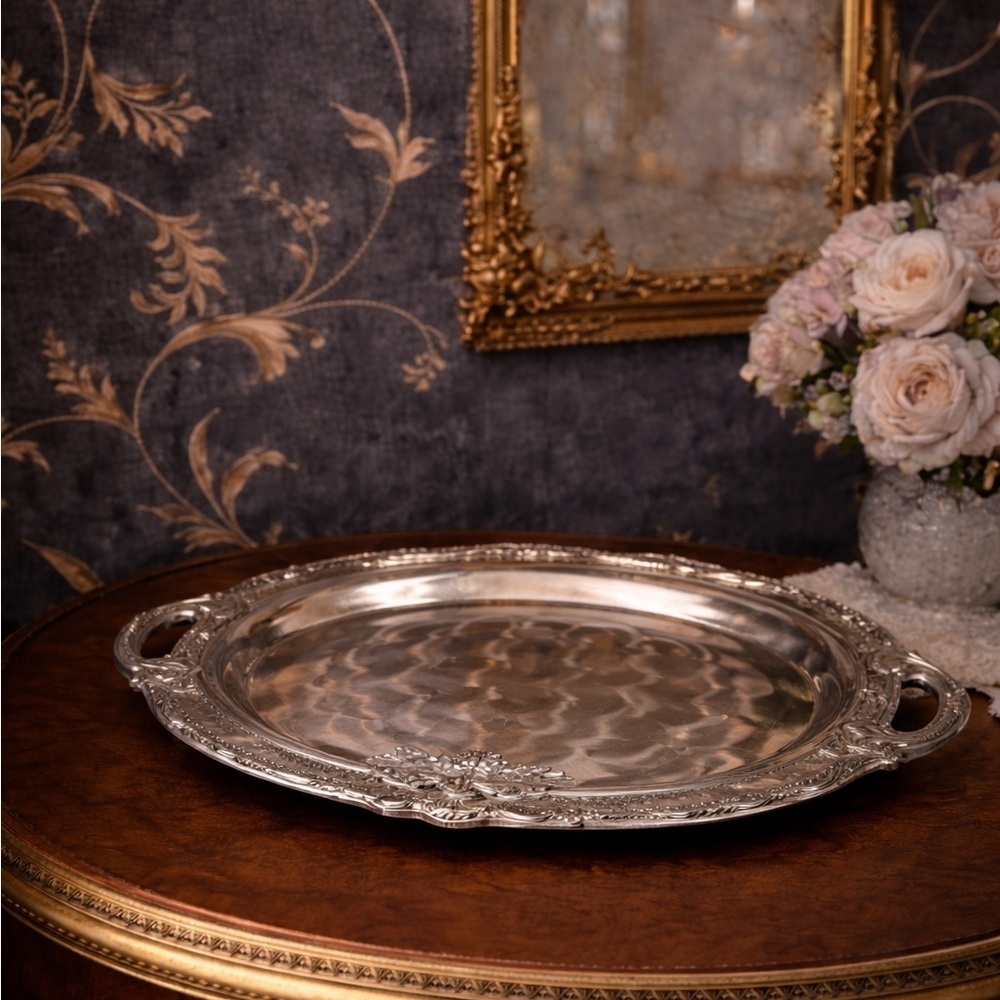 Velkeneli Pewter Oval Serving Tray Glitter Inlay Grape Motif Handles